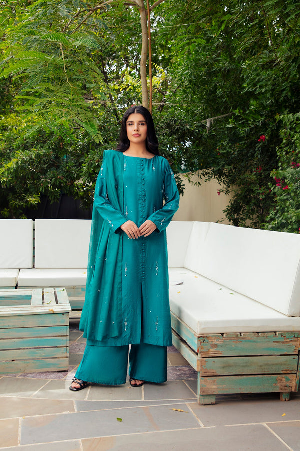 3-Piece Stitched Traditional Teal Blue Hand-Embroidered Sheep
