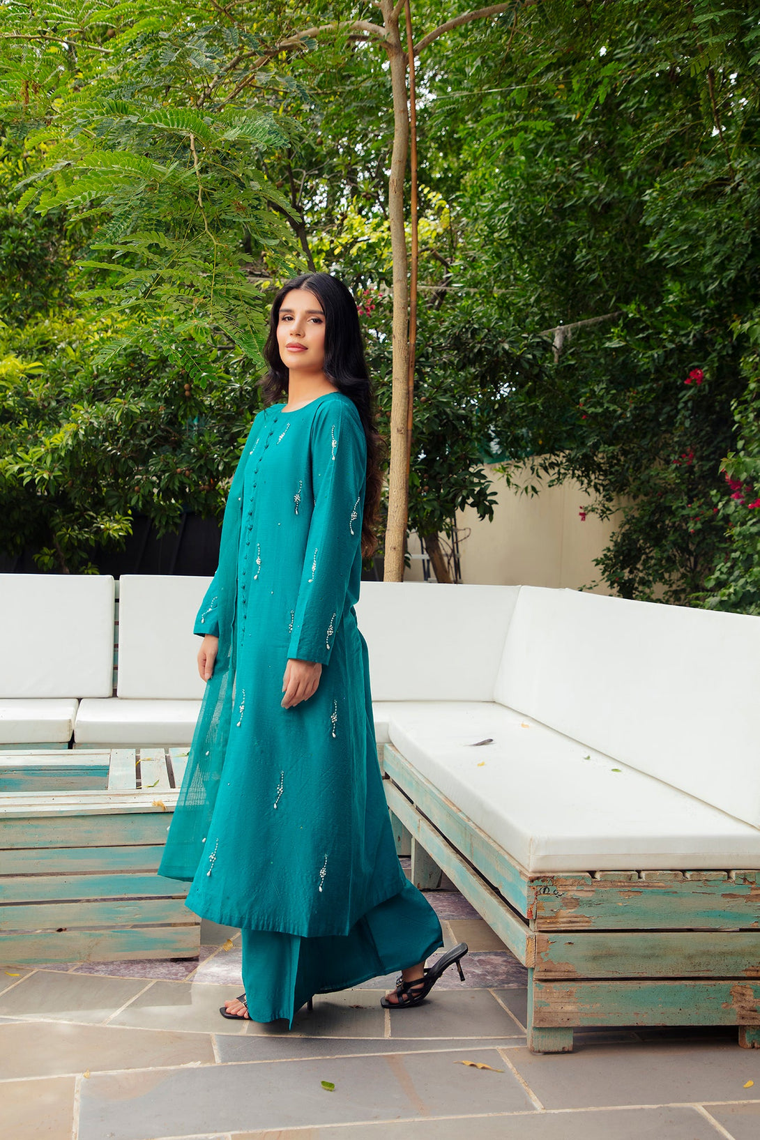 3-Piece Stitched Traditional Teal Blue Hand-Embroidered Sheep