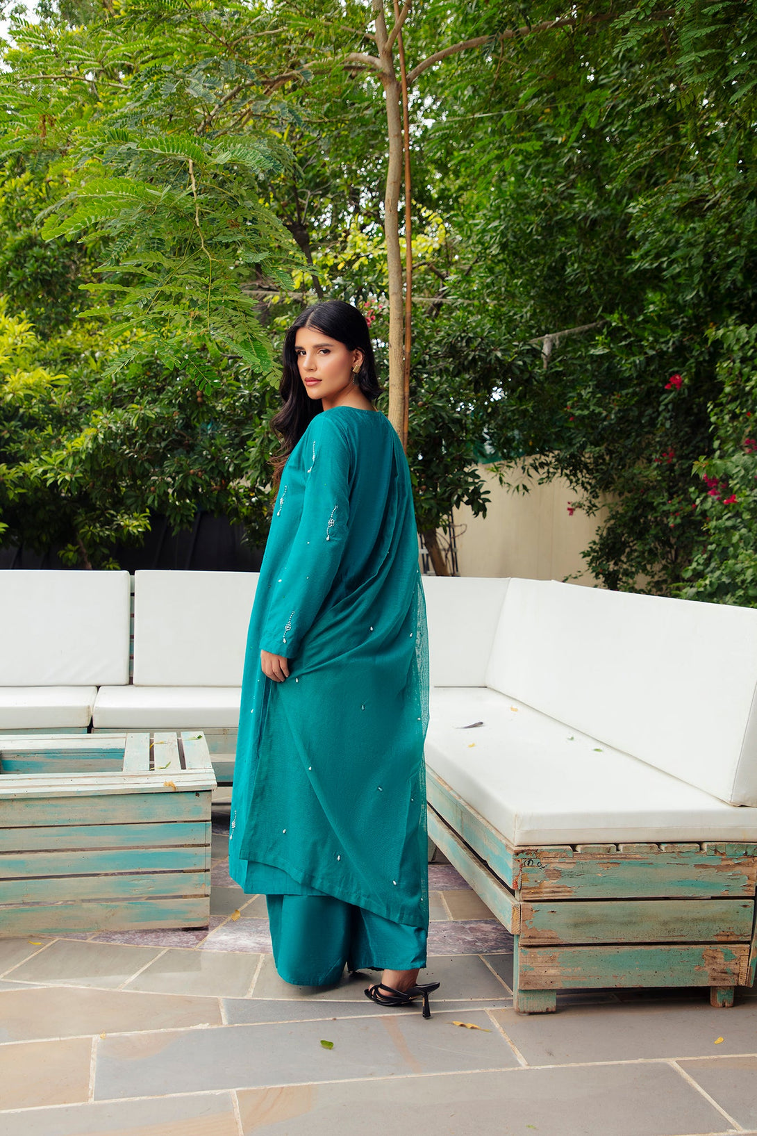 3-Piece Stitched Traditional Teal Blue Hand-Embroidered Sheep
