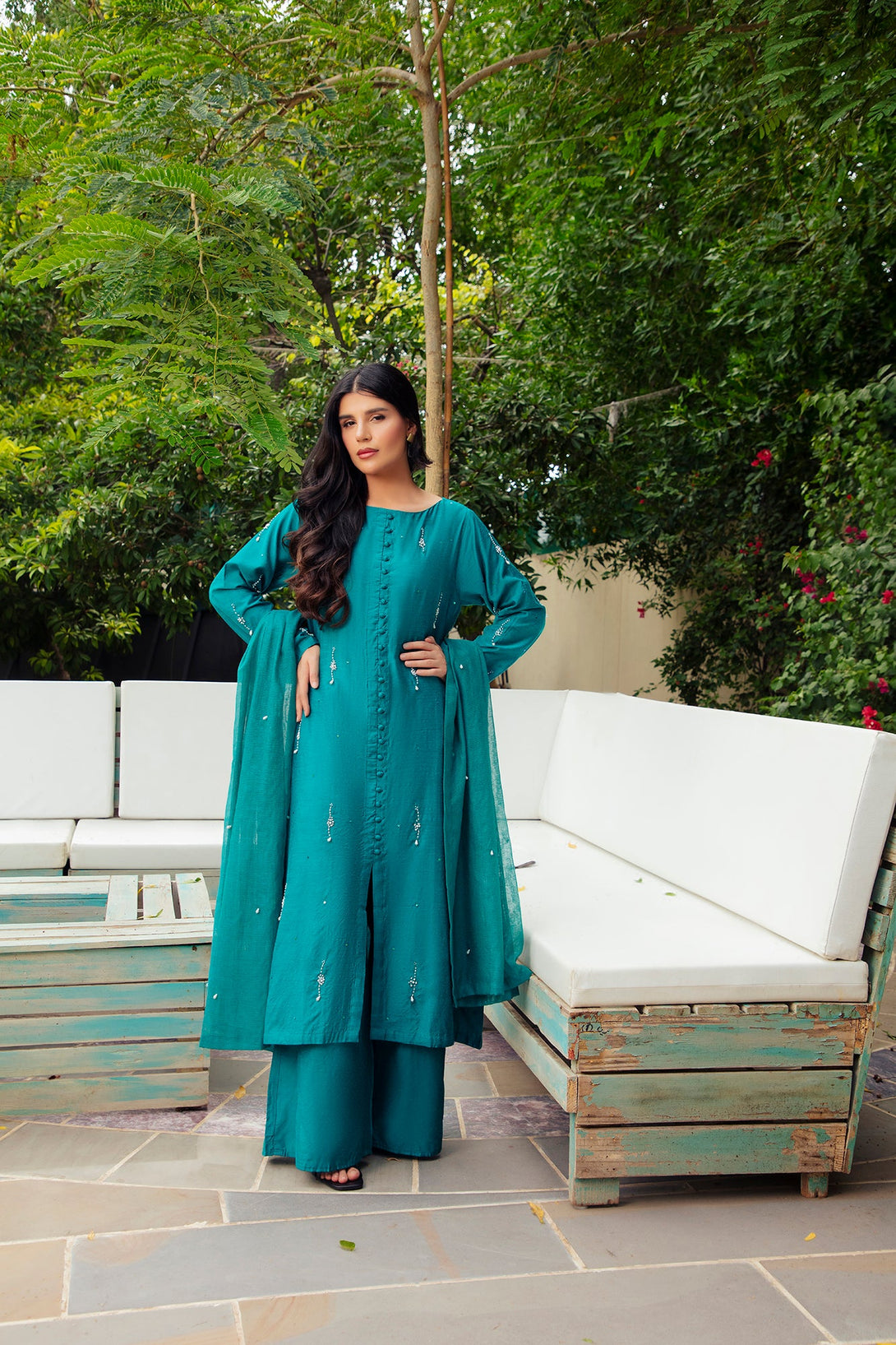 3-Piece Stitched Traditional Teal Blue Hand-Embroidered Sheep