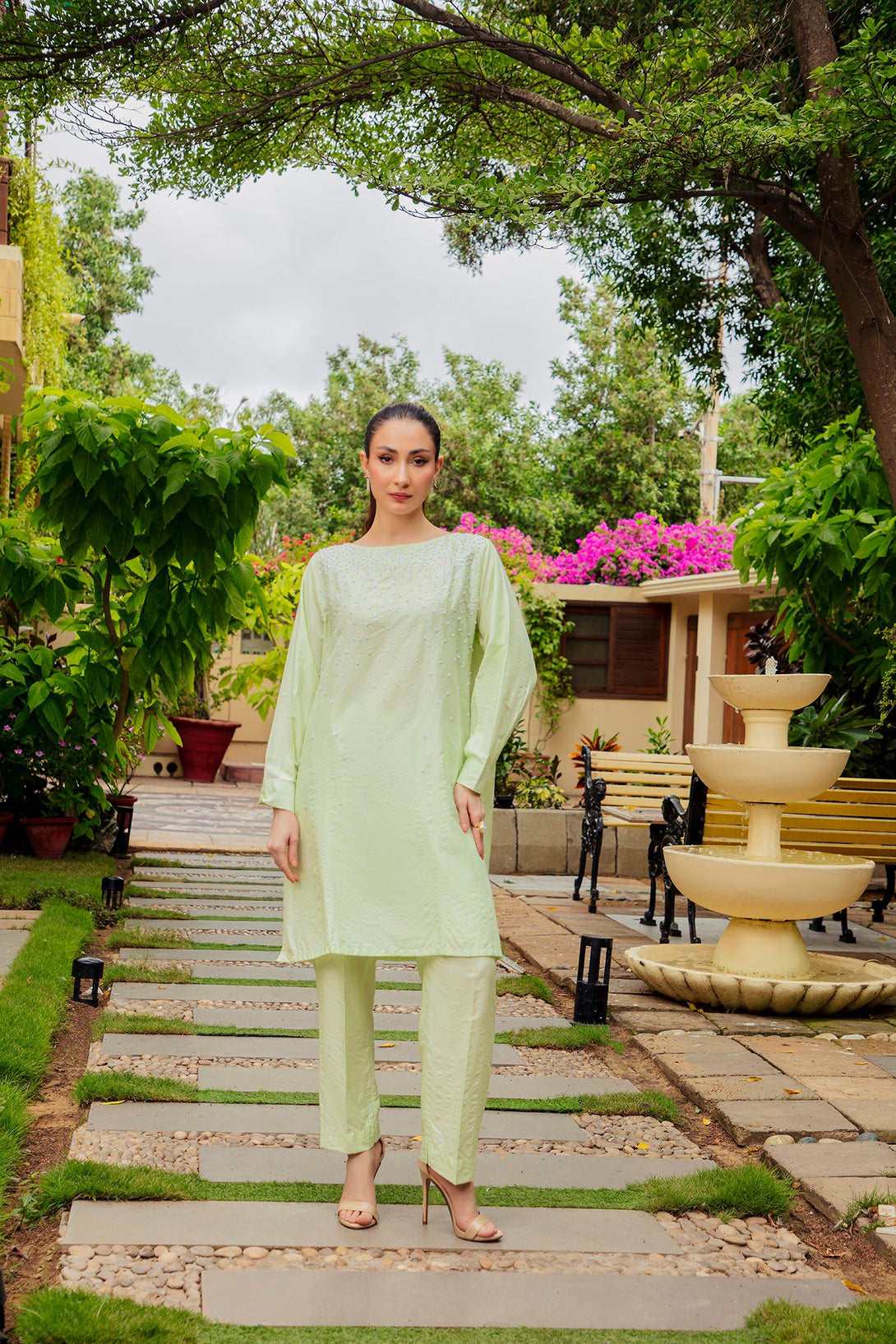 2-Piece Stitched Traditional Mint Green Hand-Embroidered Sheep