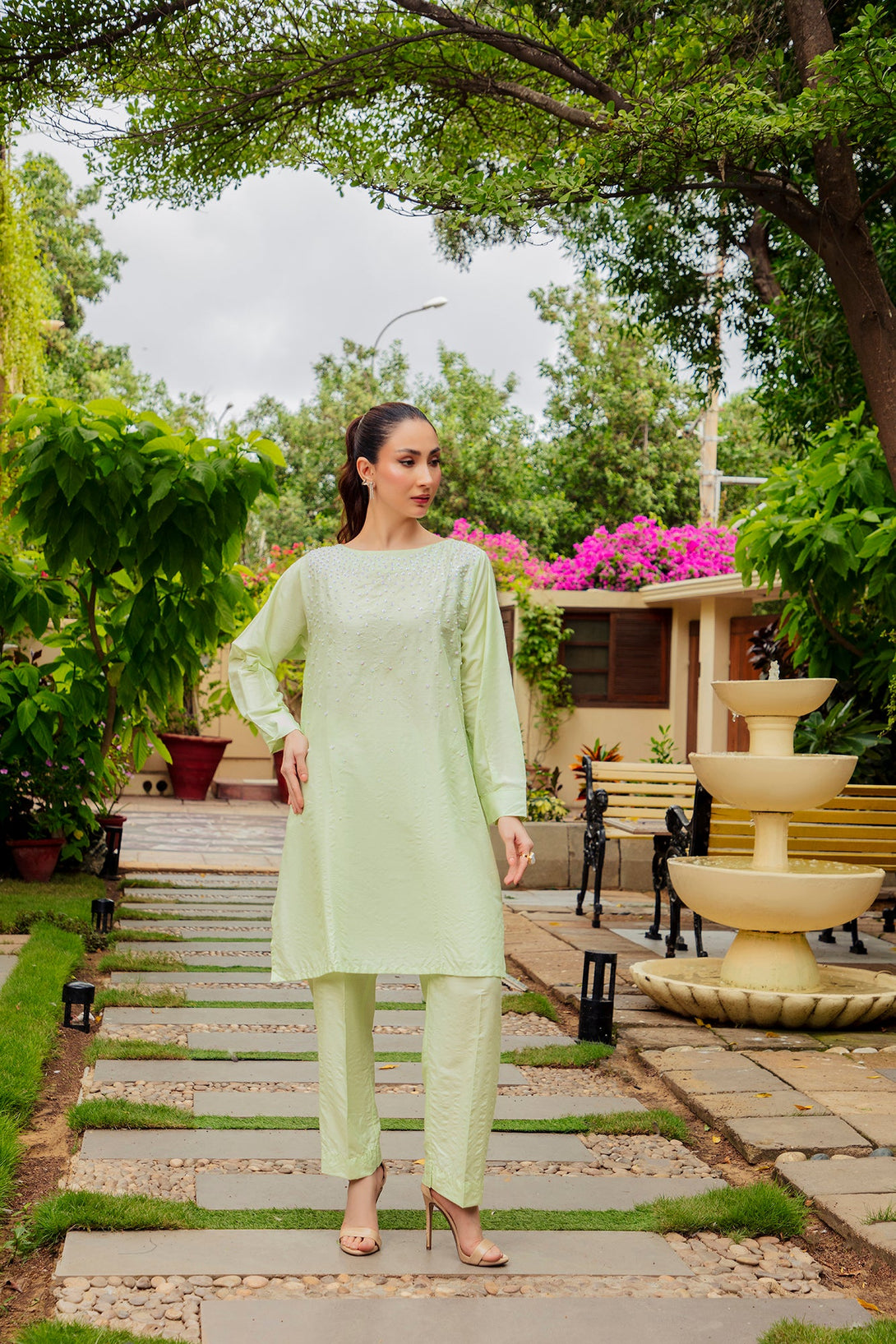 2-Piece Stitched Traditional Mint Green Hand-Embroidered Sheep