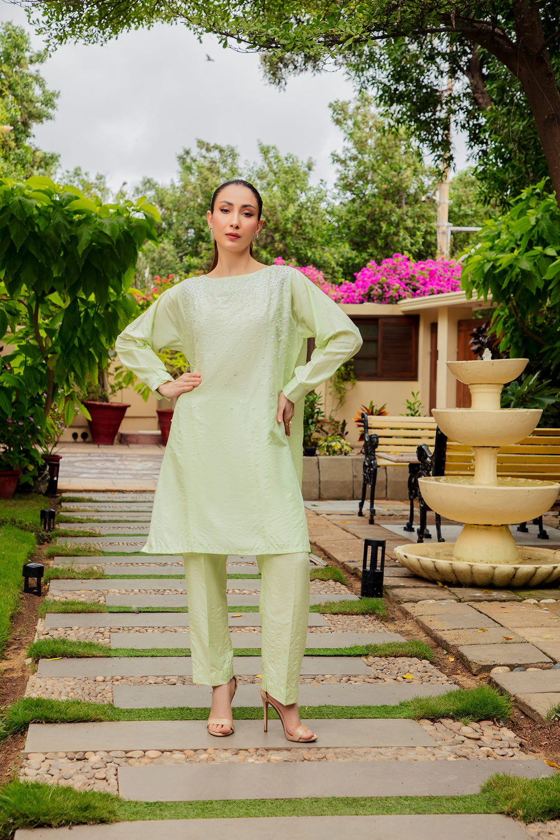 2-Piece Stitched Traditional Mint Green Hand-Embroidered Sheep