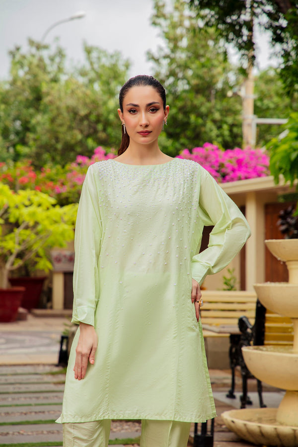 2-Piece Stitched Traditional Mint Green Hand-Embroidered Sheep