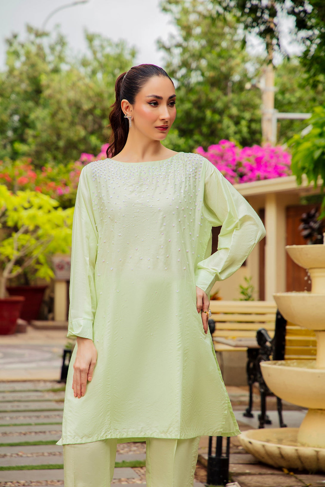2-Piece Stitched Traditional Mint Green Hand-Embroidered Sheep