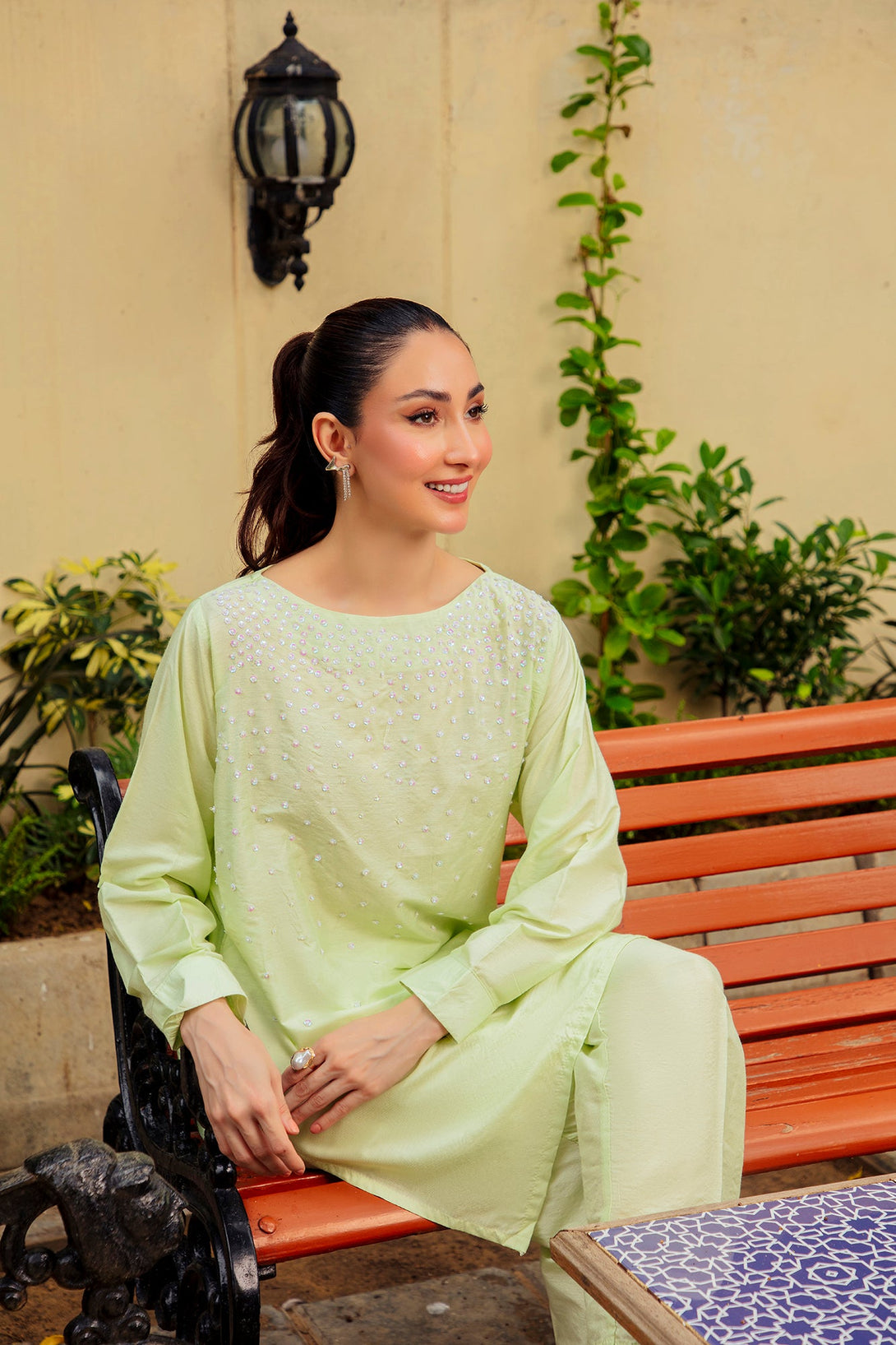 2-Piece Stitched Traditional Mint Green Hand-Embroidered Sheep