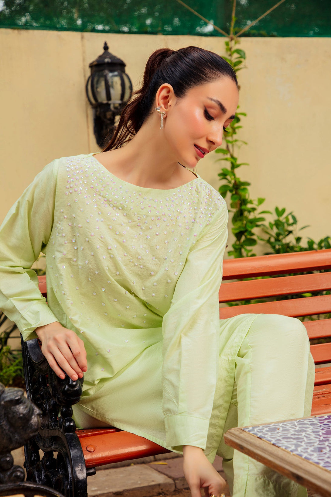 2-Piece Stitched Traditional Mint Green Hand-Embroidered Sheep
