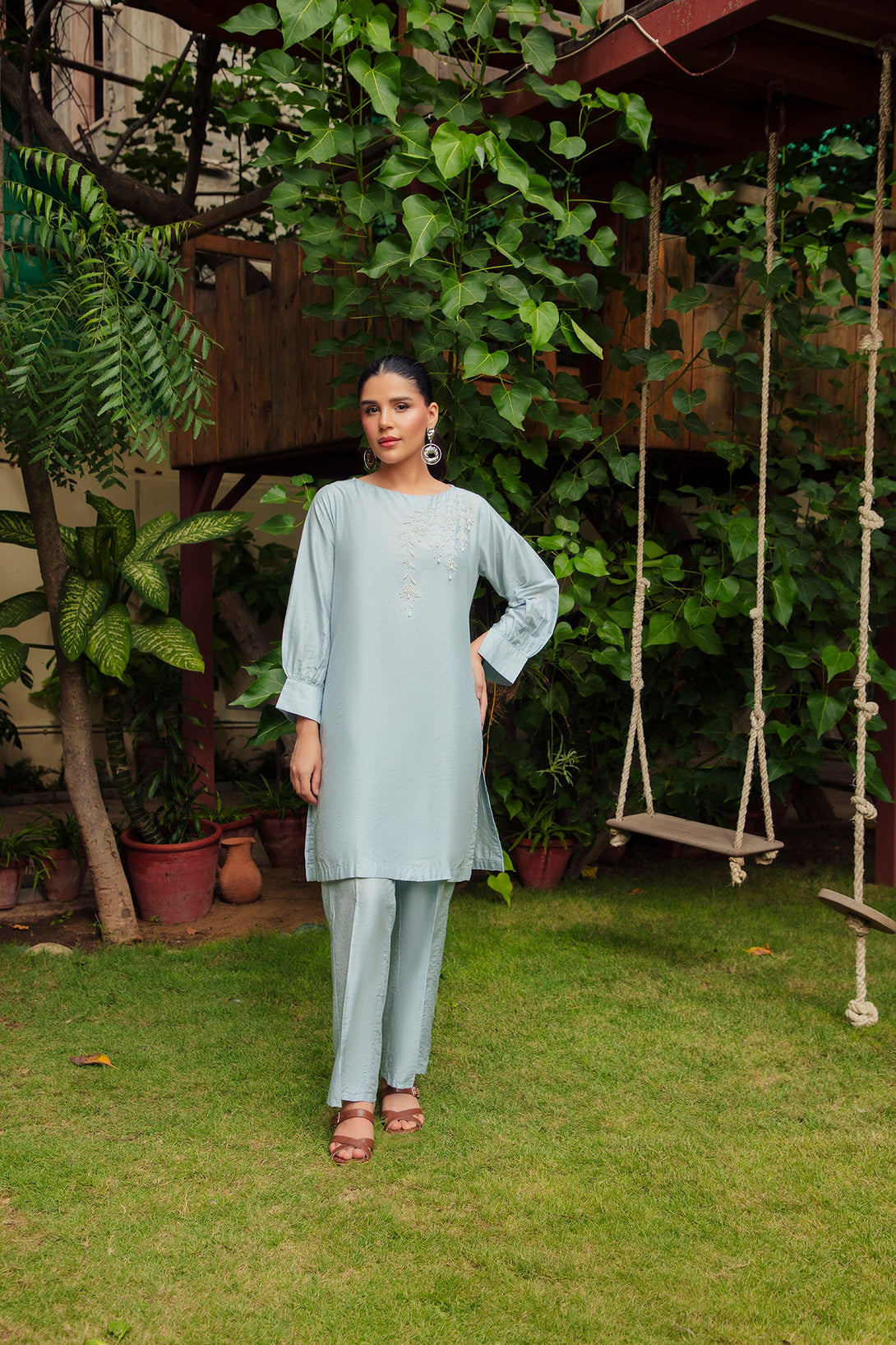 2-Piece Stitched Traditional Grey Hand-Embroidered Sheep