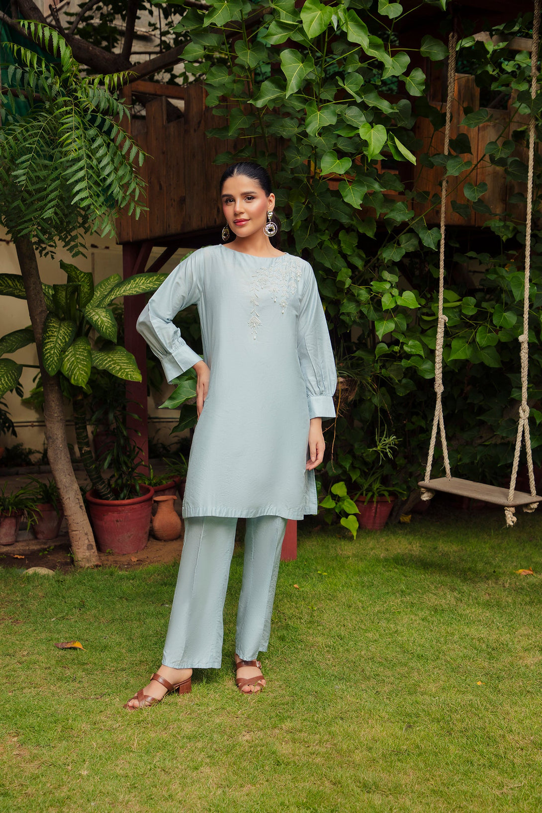2-Piece Stitched Traditional Grey Hand-Embroidered Sheep