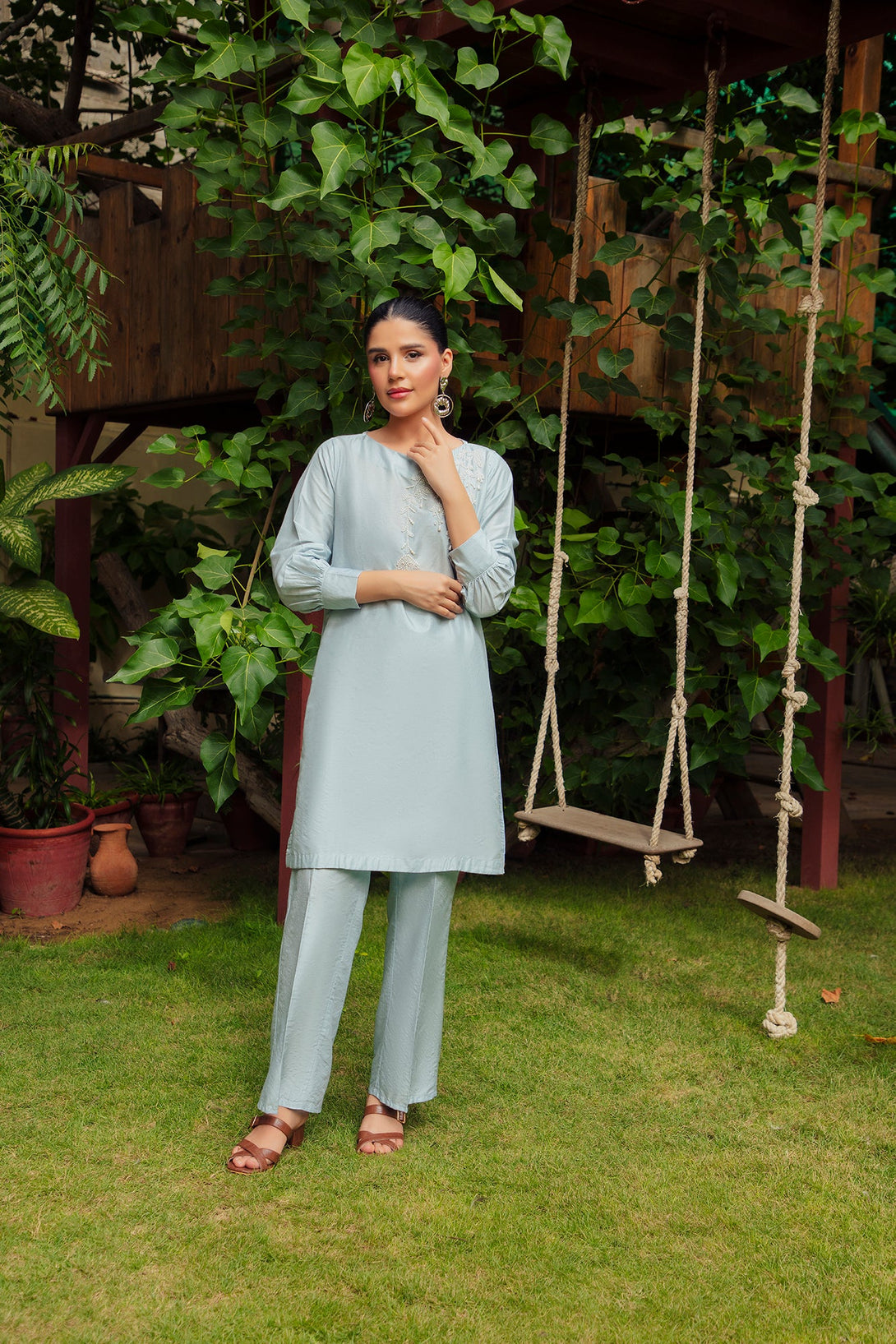 2-Piece Stitched Traditional Grey Hand-Embroidered Sheep
