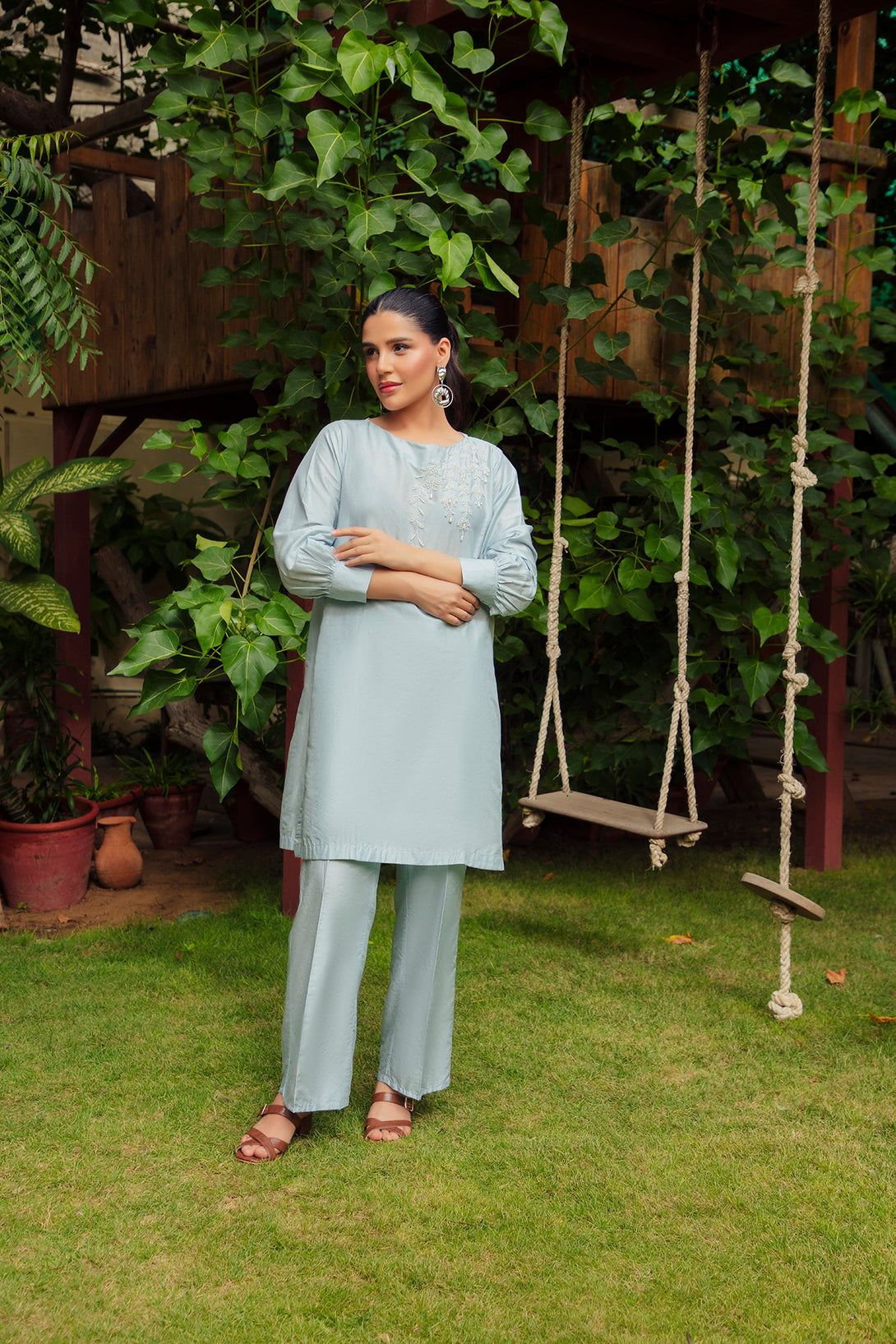 2-Piece Stitched Traditional Grey Hand-Embroidered Sheep