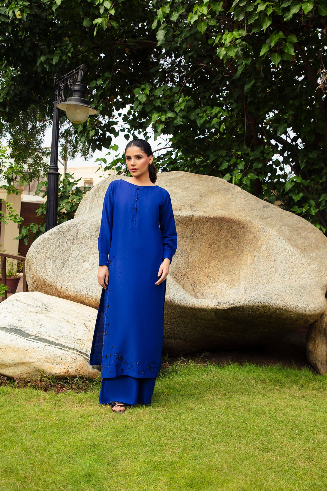 2-Piece Stitched Traditional Navy Blue Hand-Embroidered Sheep