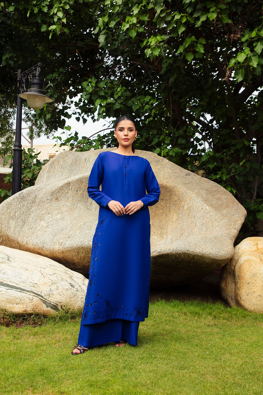 2-Piece Stitched Traditional Navy Blue Hand-Embroidered Sheep