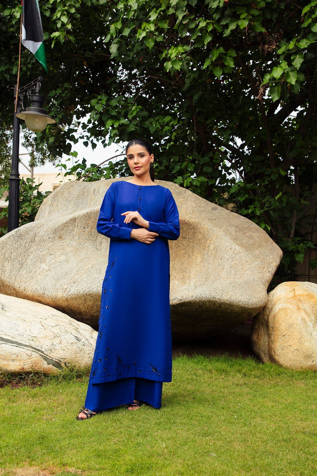 2-Piece Stitched Traditional Navy Blue Hand-Embroidered Sheep