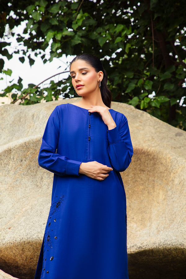 2-Piece Stitched Traditional Navy Blue Hand-Embroidered Sheep