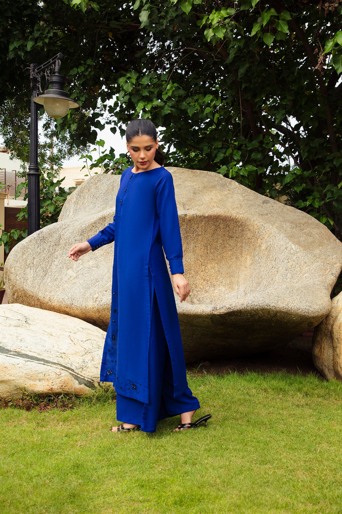 2-Piece Stitched Traditional Navy Blue Hand-Embroidered Sheep
