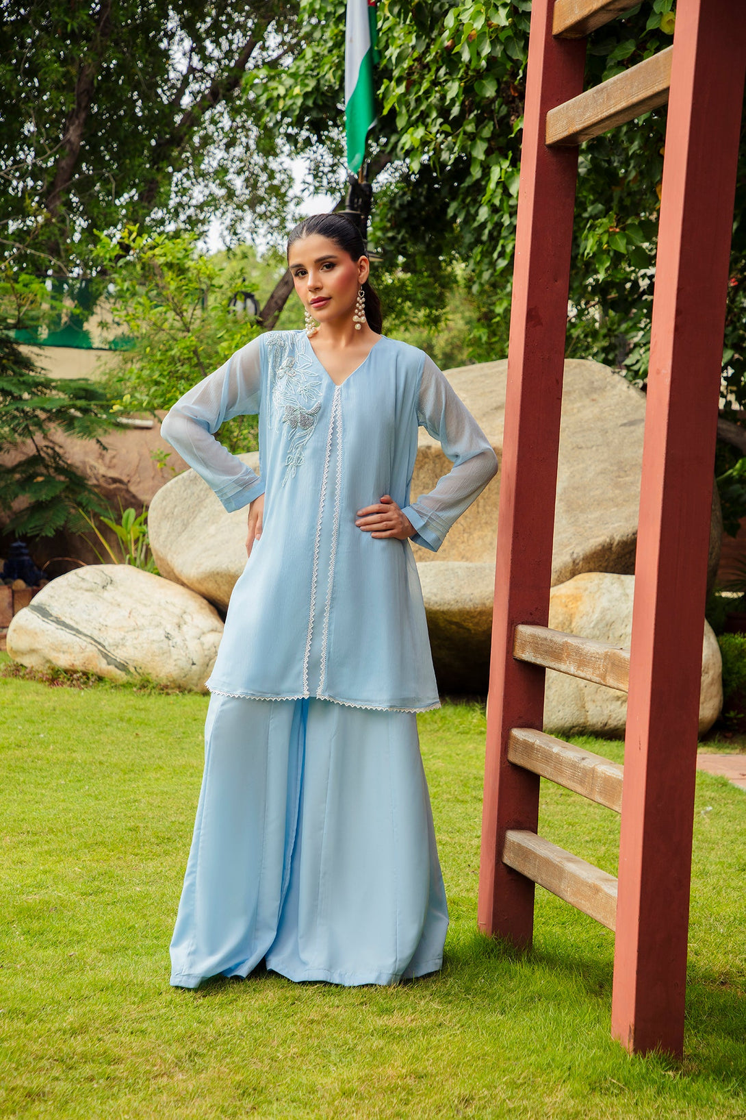 2-Piece Stitched Timeless Chambray Embroidered Sheep
