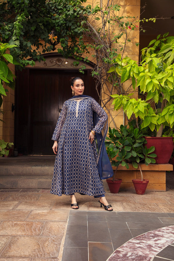 3-Piece Stitched Timeless Agean Blue Embroidered Sheep