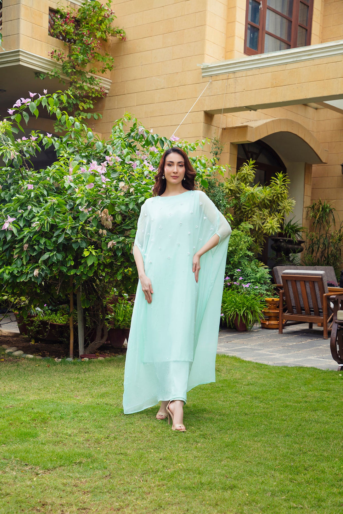 2-Piece Stitched Timeless Aqua Blue Hand Embroidered Sheep