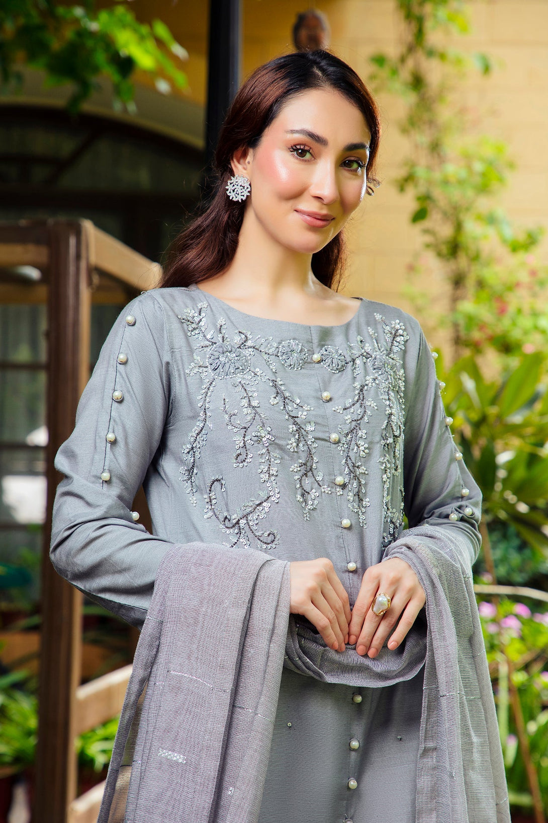 3-Piece Stitched Traditional Steel Gray Hand-Embroidered Sheep