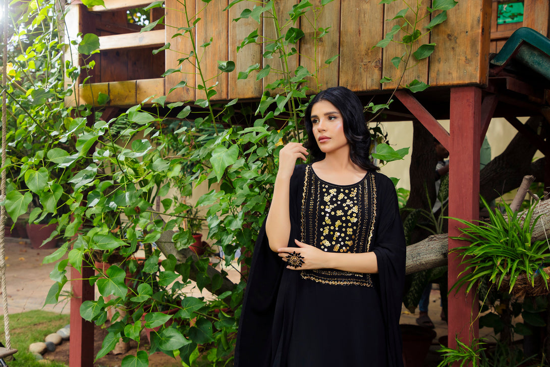 2-Piece Stitched Traditional Black Hand-Embroidered Sheep