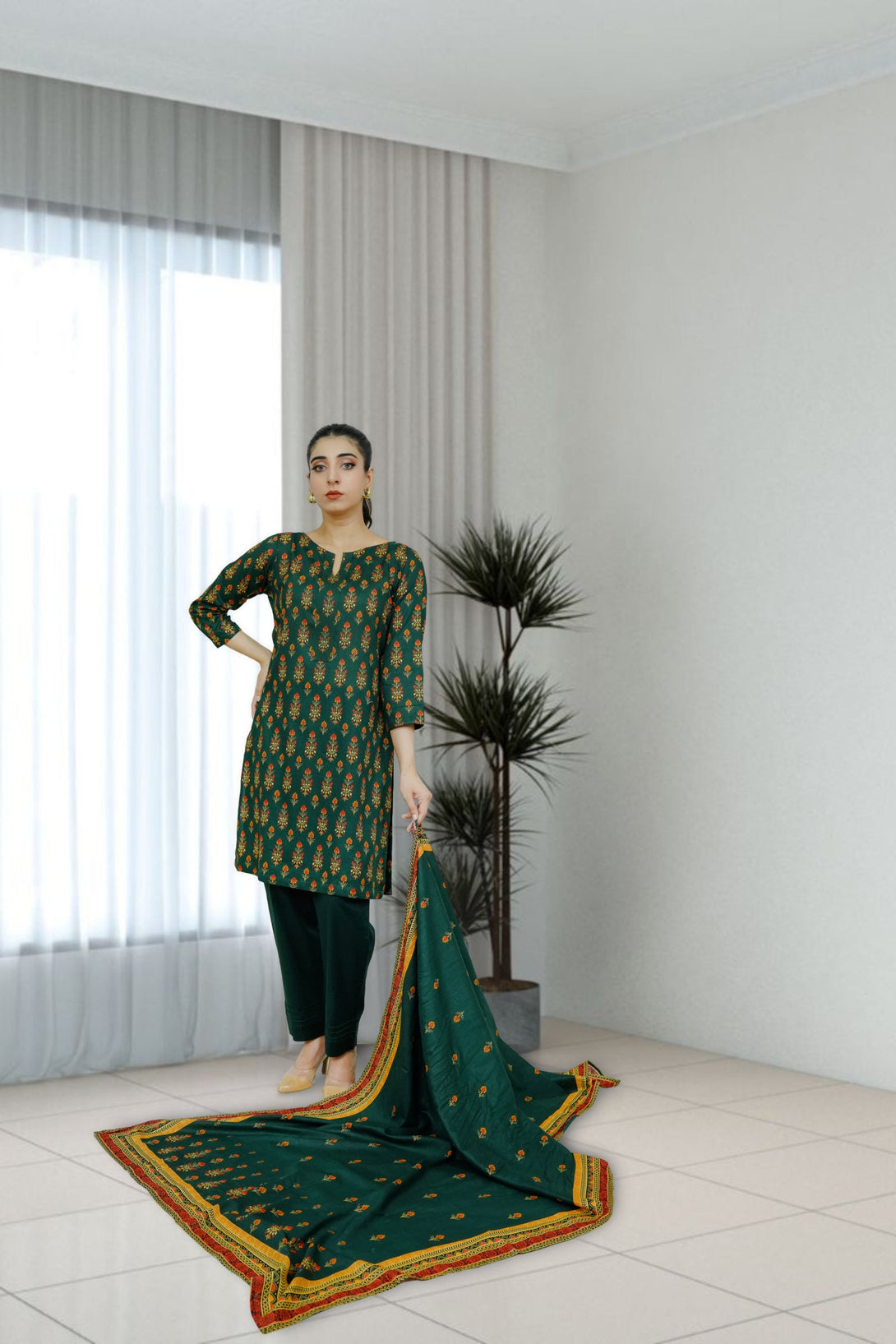 3-piece stitched Kai Green Printed Sheep