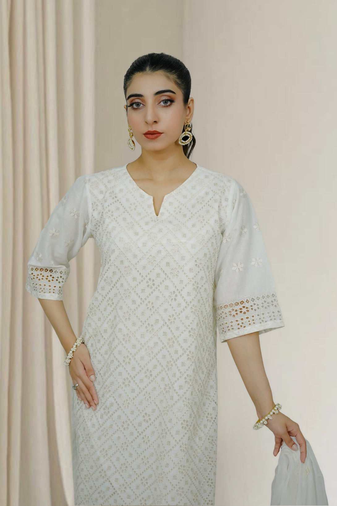 3-piece stitched White Embroidered Sheep