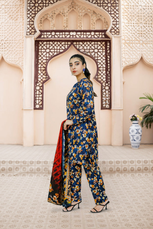 3-piece stitched Navy Blue Printed Sheep