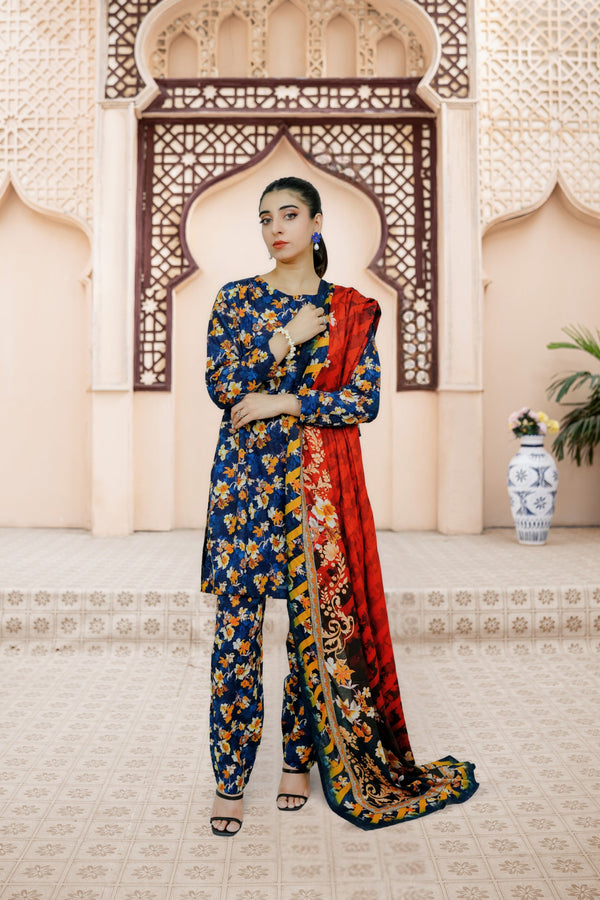 3-piece stitched Navy Blue Printed Sheep