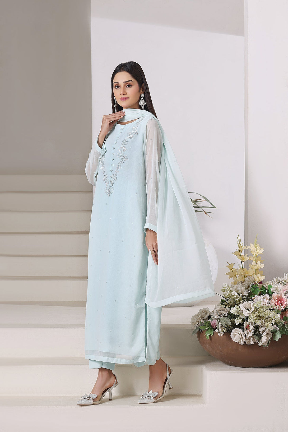 3-Piece Stitched Timeless Aqua Blue Hand-Embroidered Sheep