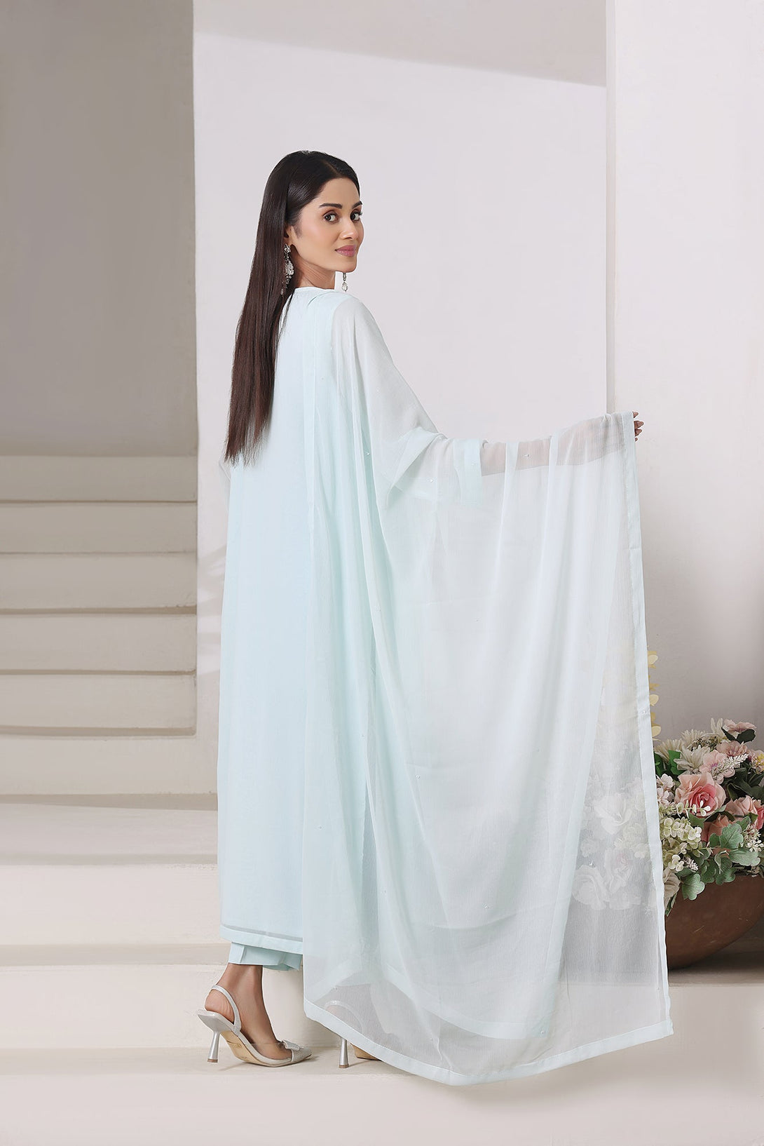 3-Piece Stitched Timeless Aqua Blue Hand-Embroidered Sheep