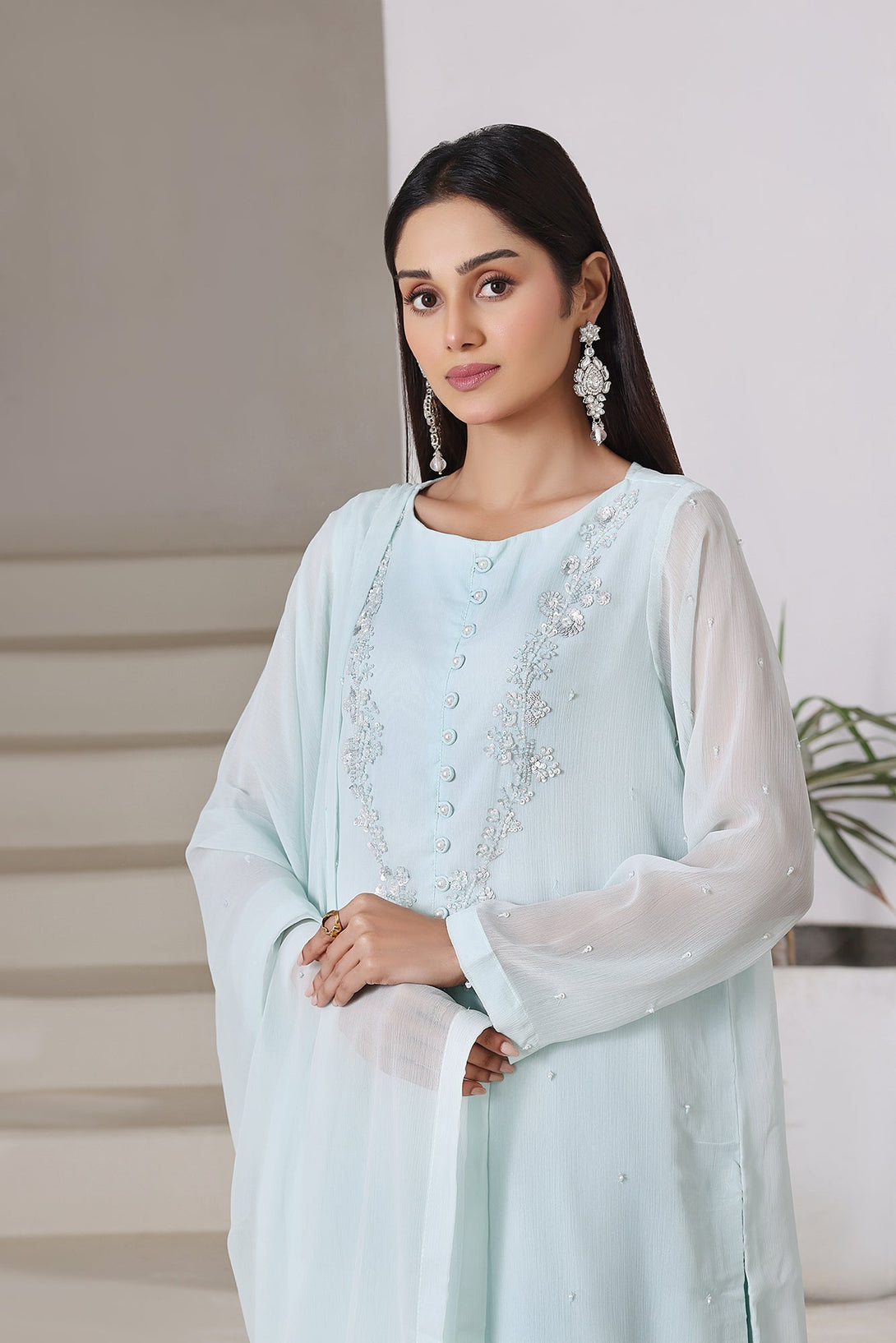 3-Piece Stitched Timeless Aqua Blue Hand-Embroidered Sheep