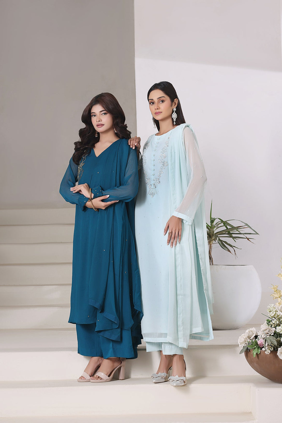 3-Piece Stitched Timeless Aqua Blue Hand-Embroidered Sheep