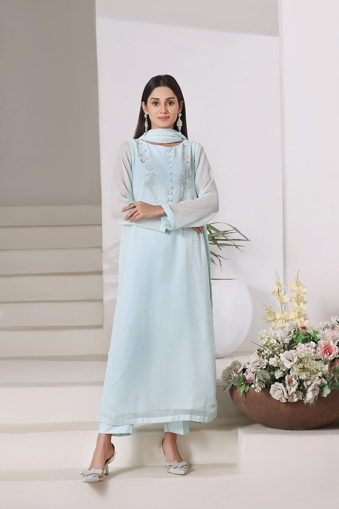 3-Piece Stitched Timeless Aqua Blue Hand-Embroidered Sheep