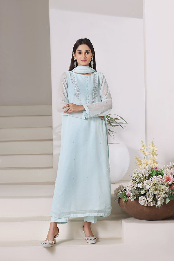 3-Piece Stitched Timeless Aqua Blue Hand-Embroidered Sheep