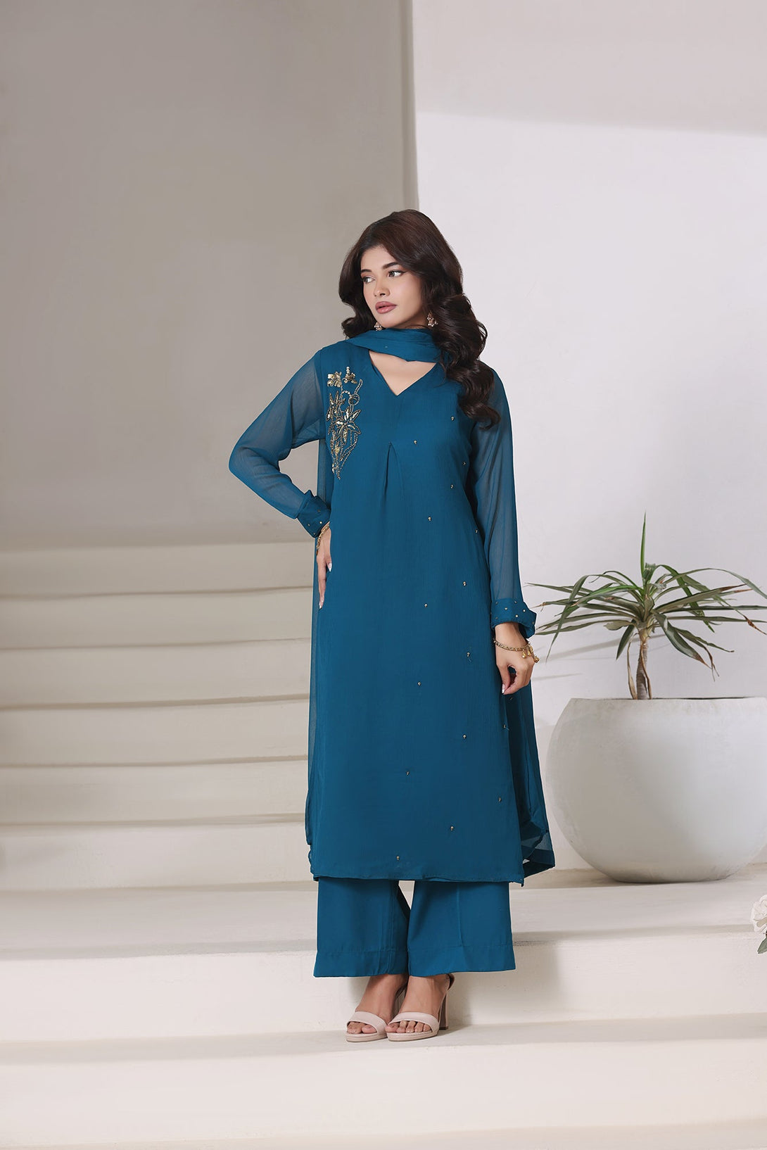 3-Piece Stitched Timeless Chambray Hand-Embroidered Sheep