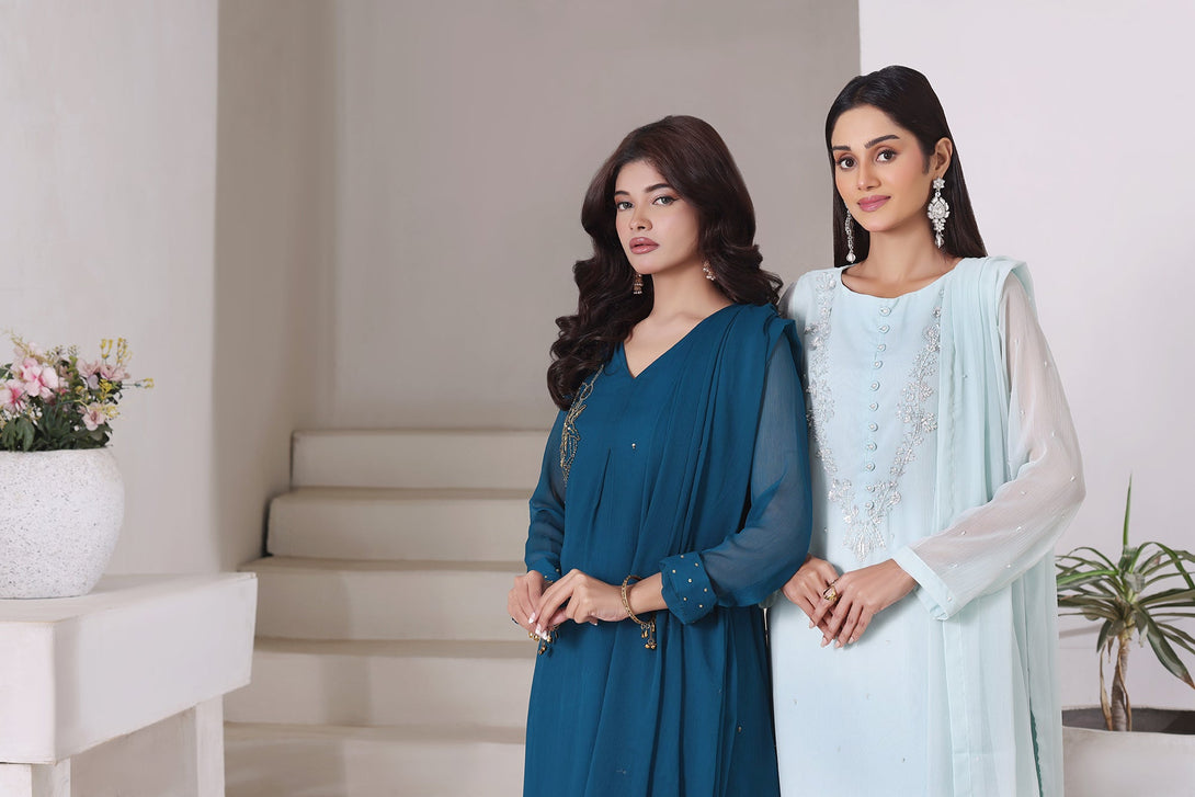 3-Piece Stitched Timeless Aqua Blue Hand-Embroidered Sheep