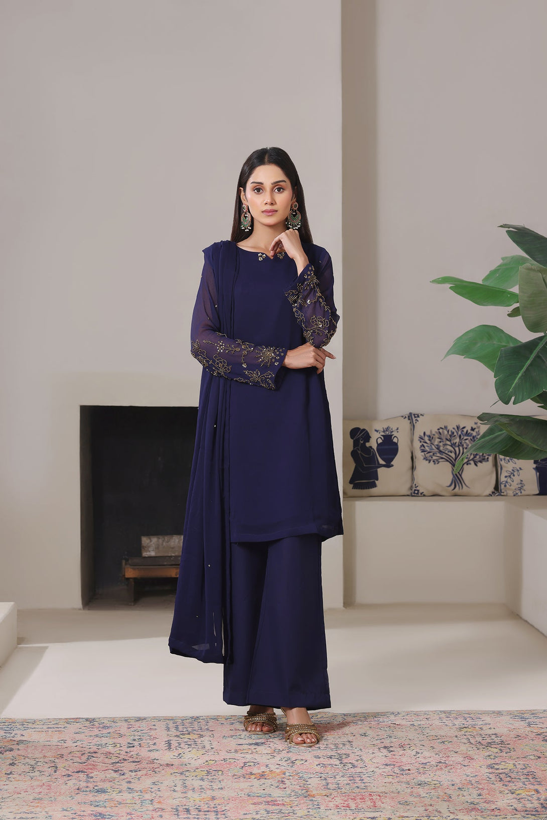 3-Piece Stitched Timeless Navy Blue Hand-Embroidered Sheep