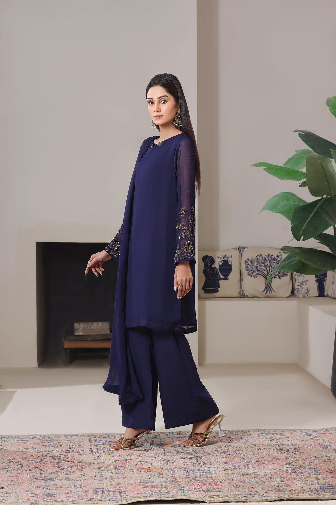 3-Piece Stitched Timeless Navy Blue Hand-Embroidered Sheep