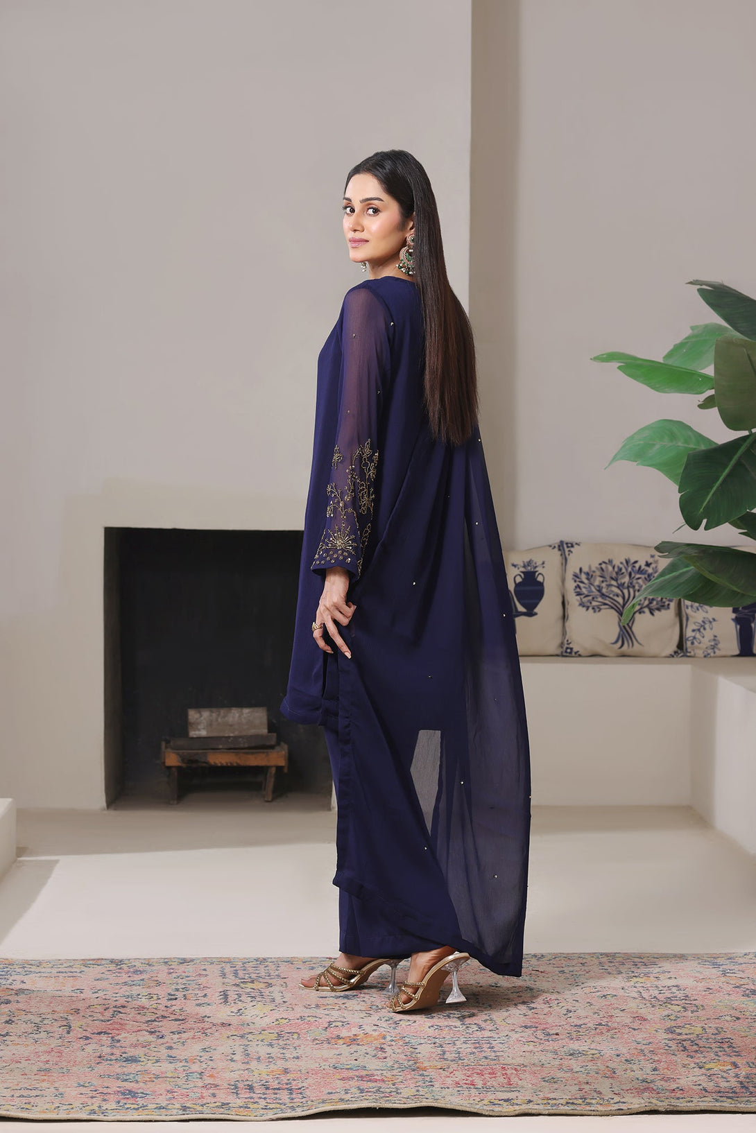 3-Piece Stitched Timeless Navy Blue Hand-Embroidered Sheep