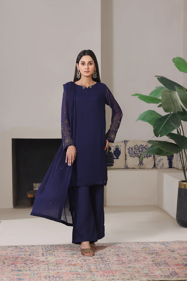 3-Piece Stitched Timeless Navy Blue Hand-Embroidered Sheep