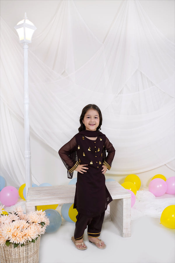 Brown Embroidered Chiffon - Sheep