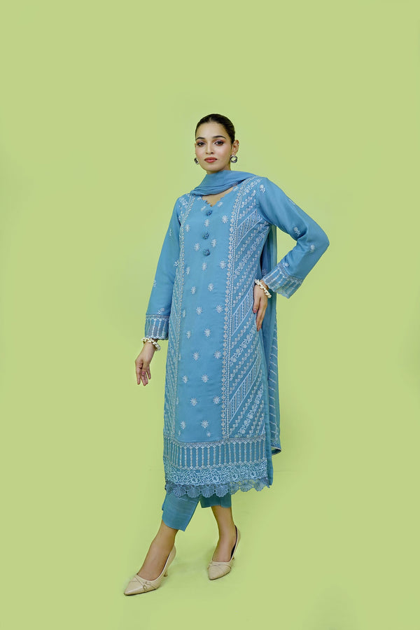 Classic Ash Blue Embroidered stitched 3-piece Sheep