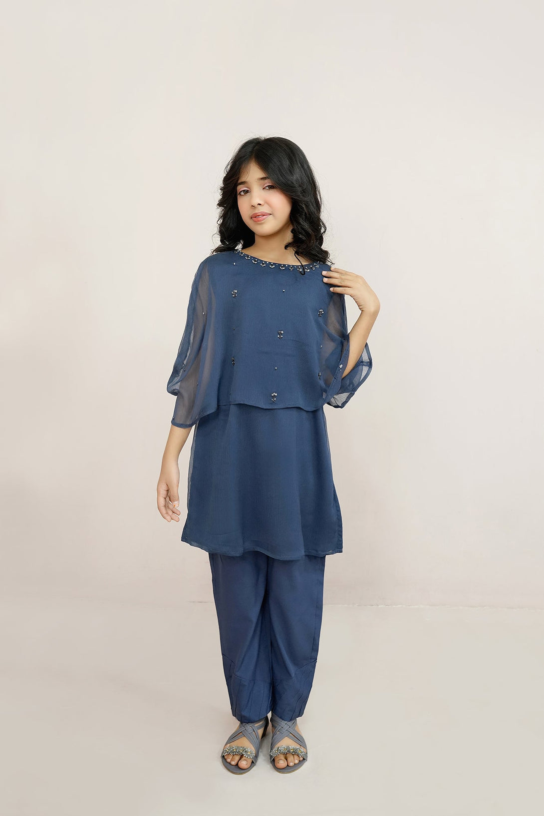 Agean blue Embroidered Chiffon Sheep