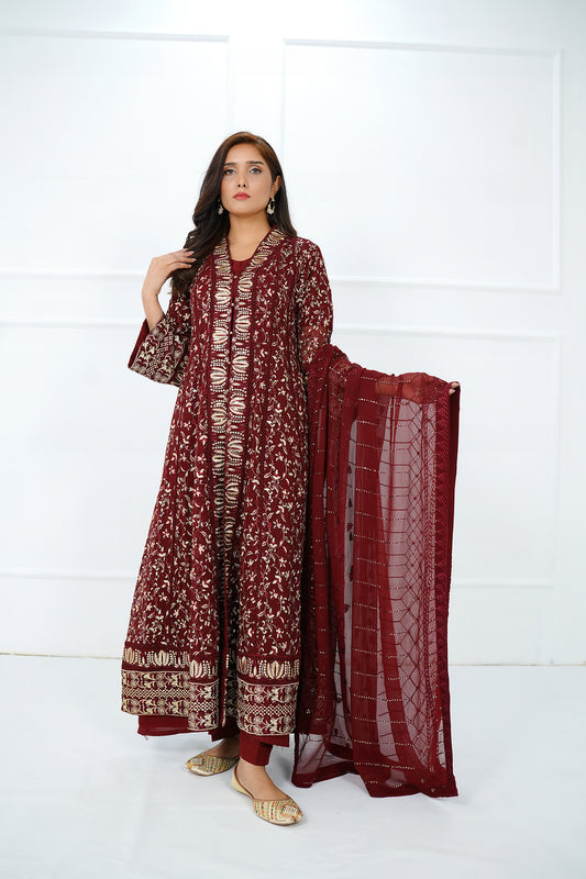 Maroon Embroidered Gown Set 3-Piece Stitched