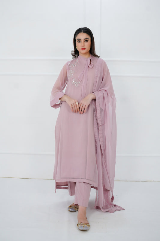 Tea Pink Hand Embellished Chiffon Stitched Outfit