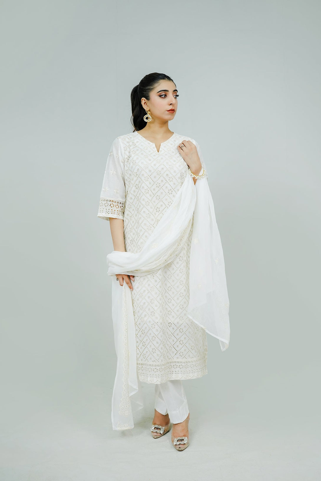White Embroidered  stitched 3-piece Sheep