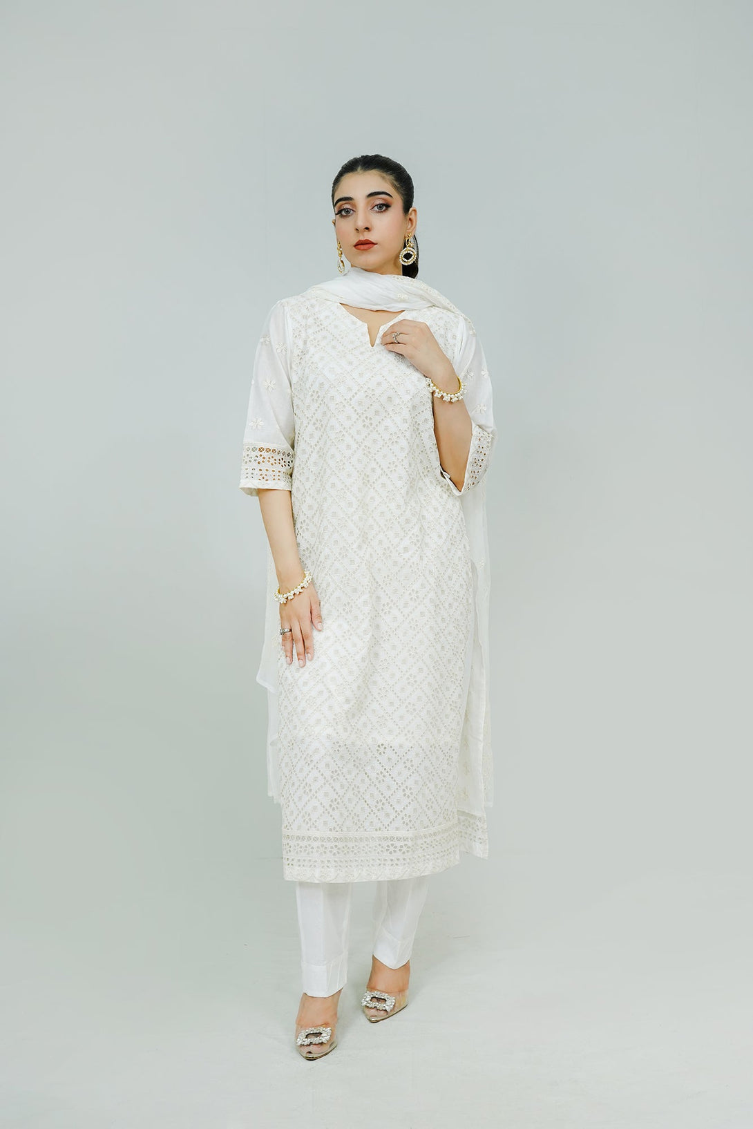 White Embroidered  stitched 3-piece Sheep