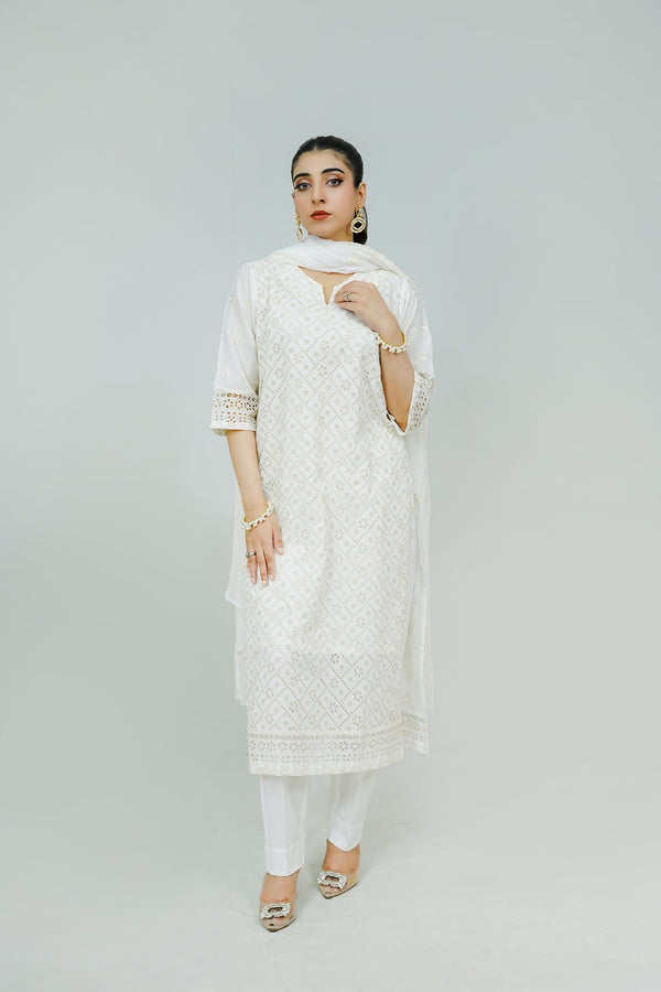 White Embroidered  stitched 3-piece Sheep