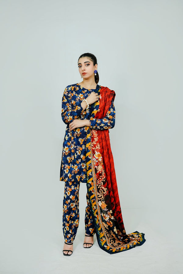 Navy Blue Embroidered  stitched 3-piece Sheep